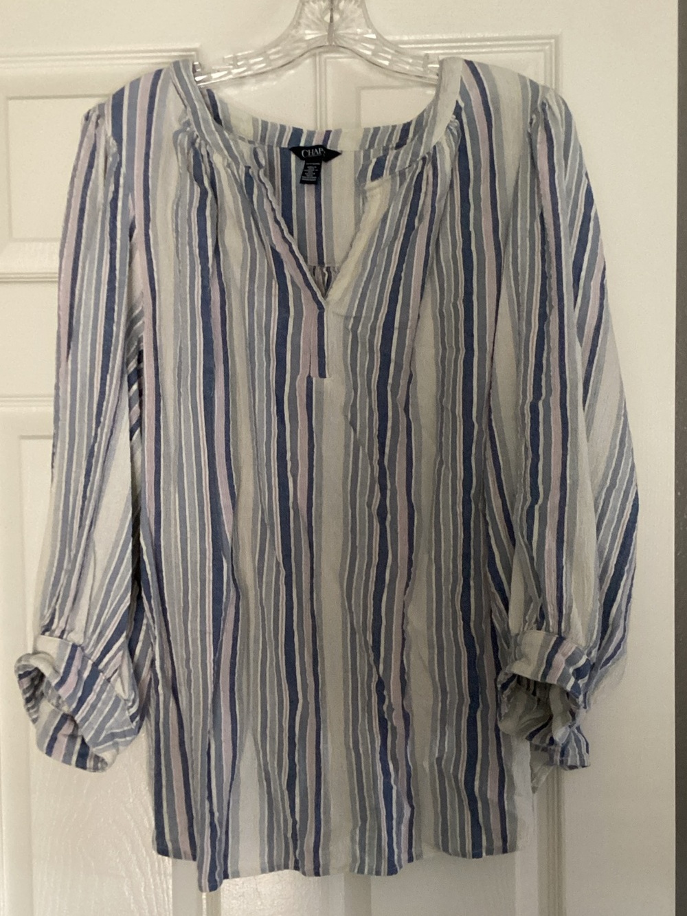 Chaps Striped Split-Neck Tunic in Blue, White, Pink